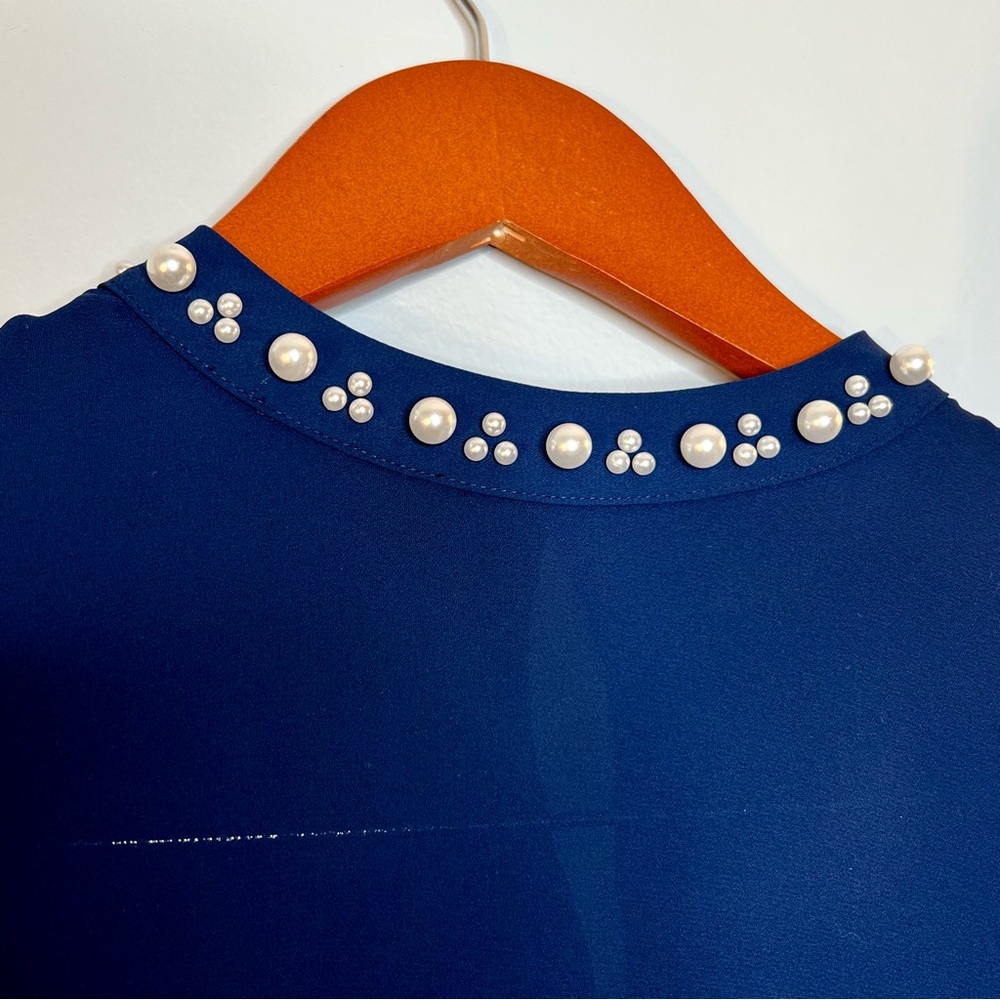 Worthington Embellished Beaded Blouse Sz S Navy Blue Mock Neck Bishop Sleeves - Picture 7 of 14